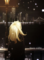 Rule 34 | 1girl, artist name, blonde hair, bridge, building, city lights, cityscape, english text, faceless, from behind, lamppost, nengoro, night, original, outdoors, river, scenery, short hair, snowing, solo, water