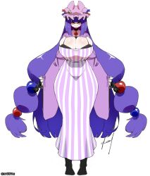 Rule 34 | 1girl, animal ears, areola slip, belly, breasts, bursting breasts, full body, gigantic breasts, hat, huge breasts, long hair, patchouli knowledge, plump, purple hair, rr001c, simple background, solo, tagme, touhou, twintails, white background, wide hips