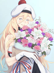 Rule 34 | 1girl, beret, blonde hair, blue eyes, blush, flower, gloves, hair between eyes, hat, highres, kantai collection, long hair, multicolored clothes, multicolored gloves, open mouth, pink flower, pom pom (clothes), purple flower, richelieu (kancolle), shingyou (alexander-13), smile, solo, upper body, white flower, white hat