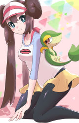 Rule 34 | 1girl, black pantyhose, blue eyes, blush stickers, bow, breasts, bright pupils, brown hair, closed mouth, commentary request, creatures (company), double bun, eyelashes, game freak, gen 5 pokemon, hair bun, highres, kneeling, long hair, looking at viewer, nintendo, pantyhose, pantyhose under shorts, pink bow, pokemon, pokemon (creature), pokemon bw2, raglan sleeves, rosa (pokemon), shirt, short shorts, shorts, smile, snivy, surumeika (ninfiiiir), twintails, visor cap, white pupils, yellow shorts