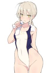 Rule 34 | 1girl, ahoge, alternate costume, artoria pendragon (all), artoria pendragon (fate), bad id, bad twitter id, blonde hair, braid, competition swimsuit, cowboy shot, fate/grand order, fate (series), food request, french braid, gluteal fold, groin, highres, kekemotsu, one-piece swimsuit, saber alter, simple background, solo, standing, swimsuit, thigh gap, towel, towel around neck, white background, white one-piece swimsuit, yellow eyes