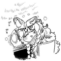 Rule 34 | 1girl, = =, animal ears, arknights, bokiboki333, braid, chibi, closed eyes, greyscale, leopard ears, leopard girl, leopard tail, long hair, monochrome, open mouth, pramanix (arknights), simple background, sleeping, solo, tail, tail pillow, tiara, white background