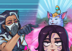 Rule 34 | 2girls, :p, animal, black gloves, black hair, black sclera, black vest, capelet, cat, colored sclera, emphasis lines, facial mark, gloves, green background, grey hair, kai&#039;sa, league of legends, long hair, mask, meme, mouth mask, multicolored hair, multiple girls, necktie, open mouth, phantom ix row, pink background, pink eyes, pink shirt, renata glasc, shirt, tongue, tongue out, two-tone hair, vest, woman yelling at cat (meme), yuumi (league of legends)