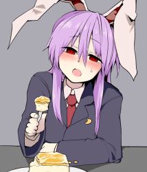 Rule 34 | 1girl, :d, animal ears, blazer, blush, cheesecake, collared shirt, crescent, crescent pin, feeding, food, head tilt, heart, heart-shaped pupils, incoming food, jacket, long hair, looking at viewer, lovestruck, mizuga, necktie, open mouth, pov feeding, purple hair, rabbit ears, red eyes, reisen udongein inaba, shirt, smile, solo, sweatdrop, symbol-shaped pupils, touhou