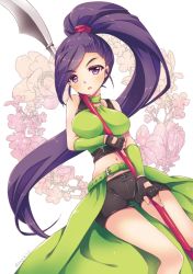 Rule 34 | 1girl, arm warmers, bare shoulders, belt, between breasts, bike shorts, black gloves, breasts, choker, dragon quest, dragon quest xi, fingerless gloves, flower, gloves, green belt, green choker, halterneck, halterneck, high ponytail, holding, holding weapon, kichijou agata, large breasts, long hair, looking at viewer, martina (dq11), naginata, navel, o-ring, o-ring top, open mouth, overskirt, polearm, ponytail, purple eyes, purple hair, solo, twitter username, very long hair, weapon, white background