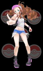 Rule 34 | 1girl, black vest, blue eyes, breasts, brown hair, creatures (company), full body, game freak, highres, hilda (pokemon), legs, looking at viewer, midriff, navel, nintendo, pointing, pointing at viewer, poke ball, poke ball (basic), poke ball symbol, pokemon, pokemon bw, ponytail, shirt, shoes, short shorts, shorts, small breasts, smile, tokkiria, vest, visor cap, white shirt