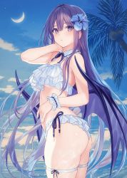 Rule 34 | 1girl, ass, bare arms, bare shoulders, bikini, blue flower, bow, bowtie, breasts, closed mouth, coconut, coconut tree, cowboy shot, crescent moon, detached collar, expressionless, flower, frilled bikini, frills, grey eyes, grey hair, hair flower, hair ornament, hand up, highres, long hair, looking at viewer, medium breasts, moon, original, outdoors, palm tree, side-tie bikini bottom, skindentation, solo, standing, swimsuit, thigh strap, thighs, tree, very long hair, wet, white bikini, wing collar, wings, wrist cuffs, yashiro seika