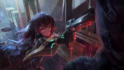 Rule 34 | 1girl, 1other, absurdres, aiming, alley, arm pouch, at gunpoint, bag, belt, black hair, black shirt, blouse, blurry, brick road, buckle, camouflage, camouflage coat, closed mouth, coat, counter:side, eyebrows hidden by hair, finger on trigger, fingerless gloves, foreshortening, gloves, glowing, gun, handgun, helmet, highres, holding, holding gun, holding weapon, light, long hair, long sleeves, manhole cover, plank, rain, red eyes, rifleman (counter:side), sen (bongsen542), serious, shirt, snap-fit buckle, trash can, upper body, utility belt, v-shaped eyebrows, watch, weapon, wet, wet clothes, wet hair, wide sleeves, wristwatch, xiao lin (counter:side)