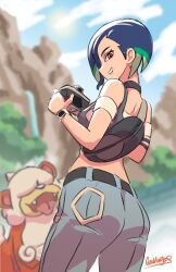 Rule 34 | 1girl, absurdres, armband, artist name, ass, back, bare shoulders, black armband, black choker, blue hair, bob cut, breasts, brown eyes, camera, choker, covered eyes, creatures (company), crop top, denim, dog, game freak, geomonjes, gradient hair, grey shirt, grin, highres, hisuian growlithe, holding, holding camera, horns, jeans, looking at viewer, looking back, loose hair strand, medium breasts, midriff, multicolored hair, nintendo, pants, perrin (pokemon), photographer, pokemon, pokemon (creature), pokemon sv, ribbed shirt, shirt, single horn, sleeveless, sleeveless shirt, smile, undershirt, watch, wristwatch