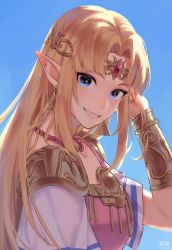 Rule 34 | 1girl, adjusting hair, amedan, blonde hair, blue background, blue eyes, bracer, dress, earrings, female focus, forehead jewel, gem, gradient background, grin, hand up, highres, jewelry, lips, long hair, looking at viewer, neck, necklace, nintendo, open mouth, parted bangs, pink dress, pointy ears, princess zelda, red gemstone, short sleeves, shoulder pads, smile, solo, super smash bros., teeth, the legend of zelda, the legend of zelda: a link between worlds, tiara, triforce, triforce earrings, upper body
