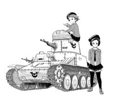 Rule 34 | 10s, 2girls, arms behind back, bat (animal), beret, blouse, closed mouth, commentary request, cross-laced footwear, emblem, girls und panzer, greyscale, halftone, hat, highres, jacket, long sleeves, looking at viewer, military, military uniform, military vehicle, miniskirt, monochrome, motor vehicle, multiple girls, necktie, open clothes, open jacket, original, pleated skirt, r-1 (tank), shirt, shoes, short hair, sitting, skirt, smile, standing, swept bangs, tank, thighhighs, uniform, yoyokkun