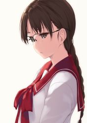 Rule 34 | 1girl, braid, brown eyes, brown hair, commentary request, from side, glasses, hoshina tomoko, long hair, long sleeves, looking at viewer, looking to the side, neckerchief, over-rim eyewear, parted bangs, parted lips, red ribbon, ribbon, rokuwata tomoe, sailor collar, school uniform, semi-rimless eyewear, serafuku, shirt, simple background, single braid, solo, to heart, to heart (series), upper body, white background, white shirt