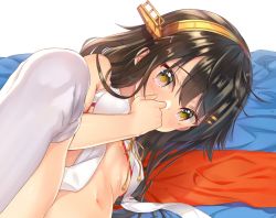 Rule 34 | 10s, 1girl, aimee (emi), aimee (origin), bad id, bad pixiv id, bare shoulders, bed sheet, black hair, blush, brown eyes, brown hair, covering own mouth, hair ornament, hairband, hairclip, hand over own mouth, haruna (kancolle), kantai collection, long hair, looking at viewer, matching hair/eyes, multicolored eyes, navel, solo, white legwear