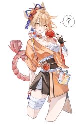 Rule 34 | 1girl, ?, absurdres, bandaged leg, bandages, black sash, blonde hair, breasts, candy apple, chest sarashi, choker, cleavage, cropped legs, food, genshin impact, highres, holding, holding food, japanese clothes, kimono, looking at viewer, obi, open mouth, orange choker, orange kimono, ren (renjiyu), sarashi, sash, short hair, short kimono, simple background, solo, spoken question mark, standing, white background, yellow eyes, yoimiya (genshin impact)