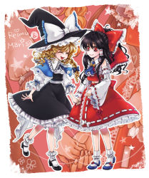Rule 34 | 2girls, ^ ^, ascot, black hair, blonde hair, bobby socks, bow, braid, capelet, character name, closed eyes, detached sleeves, dress, embellished costume, closed eyes, female focus, frills, hair bow, hair tubes, hakurei reimu, hat, holding hands, japanese clothes, kirisame marisa, mary janes, miko, multiple girls, namisaki yuka, no nose, open mouth, pom pom (clothes), red eyes, shoes, side braid, smile, socks, touhou, wavy hair, witch, witch hat, zoom layer