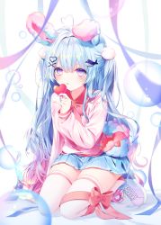 Rule 34 | 1girl, absurdres, ahoge, animal ears, bad id, bad pixiv id, bag, blue hair, blue skirt, borrowed character, bow, bowtie, bubble, floppy ears, gradient eyes, gradient footwear, gradient hair, hair ornament, hairclip, heart, heart-shaped bag, heart-shaped pupils, heart ahoge, heart hair ornament, highres, leg ribbon, long hair, long sleeves, multicolored eyes, multicolored hair, nail polish, naru 0, original, pink nails, pink shirt, pleated skirt, pom pom (clothes), pom pom hair ornament, puffy long sleeves, puffy sleeves, rabbit ears, red bow, red bowtie, ribbon, shirt, shoes, skirt, sleeve cuffs, sneakers, solo, symbol-shaped pupils, thighhighs, two side up, very long hair, whale hair ornament, white thighhighs, x hair ornament