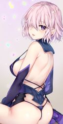 Rule 34 | 1girl, ass, back, bare shoulders, black panties, blush, breasts, commentary request, elbow gloves, fate/grand order, fate (series), from behind, g-string, gloves, hair over one eye, kaguyuzu, large breasts, light purple hair, looking at viewer, looking back, mash kyrielight, open mouth, panties, purple eyes, purple gloves, short hair, sideboob, sitting, smile, solo, strap gap, thong, underwear