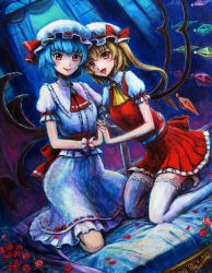 Rule 34 | 2girls, ascot, blonde hair, blue hair, brooch, dutch angle, female focus, flandre scarlet, flower, holding hands, jewelry, multiple girls, oil painting (medium), painting (medium), petals, red eyes, red flower, red rose, remilia scarlet, rose, siblings, side ponytail, sisters, smile, tafuto, thighhighs, touhou, traditional media, white legwear
