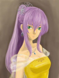 Rule 34 | 1990s (style), 1girl, 9646emily, alternate costume, alternate hairstyle, bad id, bad pixiv id, breasts, dress, earrings, faris scherwiz, female focus, final fantasy, final fantasy v, gradient background, green eyes, hair ornament, jewelry, long hair, necklace, ponytail, princess, purple hair, retro artstyle, see-through, solo