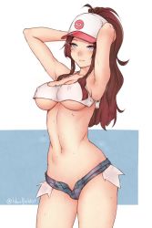 Rule 34 | 1girl, adapted costume, antenna hair, armpits, arms up, baseball cap, blue background, blue eyes, bluefield, blush, breasts, brown hair, cleavage, covered erect nipples, creatures (company), crop top, denim, denim shorts, from side, game freak, hat, highres, hilda (pokemon), large breasts, long hair, midriff, navel, nintendo, no bra, open fly, pokemon, pokemon bw, ponytail, short shorts, shorts, simple background, smile, solo, standing, sweat, tank top, thighs, underboob, white background, white hat