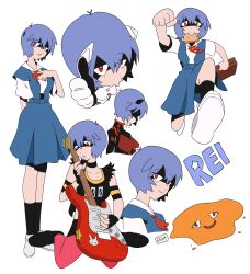Rule 34 | 1girl, :v, ayanami rei, before and after, black bodysuit, blue hair, blue skirt, bodysuit, bread, chimeraenvy, electric guitar, expressionless, food, food in mouth, guitar, hair between eyes, highres, instrument, lcl, light smile, looking at viewer, looking to the side, neon genesis evangelion, plugsuit, running, school uniform, shaded face, shirt, short hair, simple background, skirt, suspender skirt, suspenders, tokyo-3 middle school uniform, white shirt