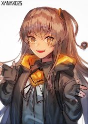 Rule 34 | 1girl, artist name, bad id, bad pixiv id, blouse, brown eyes, brown hair, buttons, fingerless gloves, girls&#039; frontline, gloves, grey background, hair between eyes, hair ornament, hands up, highres, hood, hood down, hooded jacket, jacket, long hair, looking at viewer, neck ribbon, one side up, ribbon, scar, scar across eye, scar on face, shirt, shrugging, sidelocks, simple background, smile, ump45 (girls&#039; frontline), upper body, white shirt, xanax025