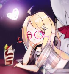 Rule 34 | 1girl, artist name, bad id, bad pixiv id, black choker, blonde hair, blue eyes, blush, cake (isiofb), choker, commentary request, copyright request, cup, curtains, drinking glass, elbow rest, elbows on table, glasses, hair ornament, heart, highres, lightning bolt, lightning bolt hair ornament, lightning bolt symbol, long hair, looking at viewer, looking to the side, one eye closed, parted lips, pink-framed eyewear, round eyewear, see-through, shirt, short sleeves, solo, star-shaped pupils, star (symbol), striped clothes, striped shirt, symbol-shaped pupils, vertical-striped clothes, vertical-striped shirt, very long hair, white shirt