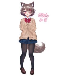 Rule 34 | 1girl, absurdres, animal ear fluff, animal ears, ashitaba kemo, black pantyhose, blue skirt, bow, bowtie, brown cardigan, brown footwear, brown hair, cardigan, full body, hair over one eye, highres, miniskirt, original, pantyhose, pleated skirt, red bow, red bowtie, red eyes, short hair, simple background, skirt, sleeves past fingers, sleeves past wrists, standing, tail, white background, wolf ears, wolf girl, wolf tail