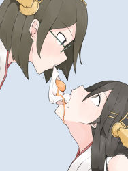 Rule 34 | 10s, 2girls, bad id, bad pixiv id, black eyes, black hair, blush, egg, egg (food), eye contact, feeding, female focus, food, fried egg, glasses, hair between eyes, haruna (kancolle), headgear, highres, japanese clothes, kaika, kantai collection, kirishima (kancolle), long hair, looking at another, looking down, looking up, mouth hold, multiple girls, neck, open mouth, saliva, sexually suggestive, shared food, sharing food, short hair, siblings, simple background, sisters, tongue, tongue out, upper body, yuri