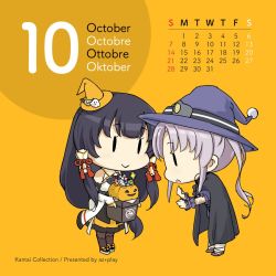 Rule 34 | 2girls, :&gt;, ahoge, aka ringo, akitsushima (kancolle), black cape, black hair, calendar (medium), candy, cape, chibi, english text, food, french text, full body, german text, grey hair, hair tubes, halloween, hat, italian text, jack-o&#039;-lantern, kantai collection, long hair, low-tied long hair, mixed-language text, mizuho (kancolle), multilingual, multiple girls, october, side ponytail, sidelocks, solid oval eyes, standing, very long hair, witch hat
