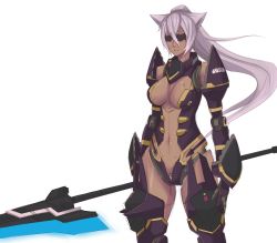 Rule 34 | 1girl, android, animal ears, armor, breasts, cat ears, dark skin, dark-skinned female, exaxuxer, glowing, glowing weapon, halberd, highres, joints, long hair, mecha musume, navel, phantasy star, phantasy star online 2, polearm, ponytail, red eyes, revealing clothes, robot joints, rose series, silver hair, sketch, solo, sunglasses, weapon