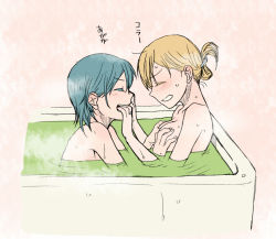Rule 34 | 10s, 2girls, bath, blonde hair, blue hair, blush, breasts, closed eyes, finger in another&#039;s mouth, grabbing, grabbing another&#039;s breast, hair ornament, hairclip, hand in mouth, jewelry, mahou shoujo madoka magica, mahou shoujo madoka magica (anime), medium breasts, miki sayaka, multiple girls, nude, ring, tomoe mami, torinone, translated, water, yuri