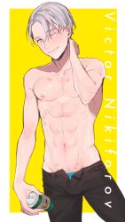 Rule 34 | 10s, 1boy, abs, ink, looking at viewer, male focus, nipples, nito (siccarol), topless male, silver hair, smile, solo, tagme, undressing, viktor nikiforov, yuri!!! on ice