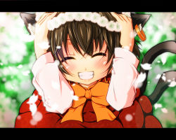 Rule 34 | 1girl, animal ears, blouse, blush, bow, brown hair, cat ears, cat girl, cat tail, chen, dress, earrings, closed eyes, fangs, female focus, flower, grin, hands on own head, haruyonoto, jewelry, letterboxed, multiple tails, orange bow, petals, red dress, shirt, short hair, smile, solo, tail, teeth, touhou, white shirt, wreath