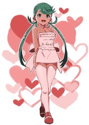 Rule 34 | 1girl, absurdres, apron, arms behind back, breasts, cleavage, creatures (company), full body, game freak, green eyes, green hair, heart, highres, large breasts, mallow (pokemon), naked apron, nintendo, pokemon, pokemon sm, sideboob, solo, toranoe, trial captain, twintails