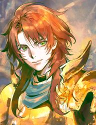 1boy armor blue_scarf breastplate brown_hair closed_mouth commentary_request gellard_(romancing_saga_2) gold_armor green_eyes highres kin_mokusei light_smile long_hair looking_to_the_side male_focus parted_bangs pauldrons romancing_saga_2 saga scarf shoulder_armor solo upper_body