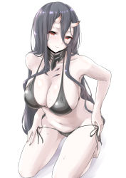 Rule 34 | 1girl, abyssal ship, battleship princess, battleship summer princess, bikini, black bikini, black hair, blush, breasts, cleavage, closed mouth, collar, collarbone, commentary request, hair between eyes, highres, horns, kantai collection, kneeling, large breasts, long hair, looking at viewer, metal collar, navel, red eyes, side-tie bikini bottom, skin-covered horns, solo, string bikini, sweat, swimsuit, takomeshi, undressing, very long hair, white background