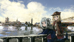 Rule 34 | 2girls, advarcher, artist name, blonde hair, blue eyes, blue sky, bridge, capelet, cloud, cloudy sky, day, deerstalker, fins, fish tail, gawr gura, grey hair, hair ornament, hat, highres, hololive, hololive english, hood, hoodie, long sleeves, looking at viewer, looking back, multiple girls, one side up, outdoors, shark tail, sky, smile, tail, united kingdom, virtual youtuber, watson amelia, westminster bridge