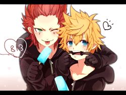 Rule 34 | 2boys, :p, ;p, axel, axel (kingdom hearts), black coat, black coat (kingdom hearts), blonde hair, blue eyes, blush, character name, coat, disney, dual wielding, facial mark, food, gloves, green eyes, heart, height difference, holding, hood, ice cream, inazume-panko, kingdom hearts, male focus, mouth pull, multiple boys, one eye closed, organization xiii, red hair, roxas, smile, square enix, sweatdrop, tongue, tongue out