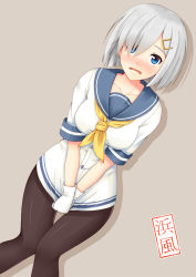 Rule 34 | 10s, 1girl, blue eyes, breasts, embarrassed, gloves, grey hair, hair over one eye, hamakaze (kancolle), highres, kantai collection, large breasts, no pants, open mouth, pantyhose, sano souichi, shirt, short hair, short sleeves, solo, white gloves, white shirt