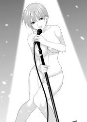 Rule 34 | breasts, completely nude, convenient censoring, go-toubun no hanayome, greyscale, highres, holding, holding microphone stand, kosmos beta, large breasts, microphone, microphone stand, monochrome, music, nakano ichika, non-web source, nude, short hair, singing