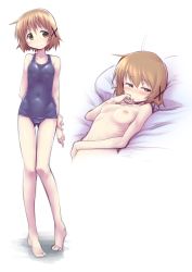 Rule 34 | 1girl, 3:, bed sheet, blue one-piece swimsuit, breasts, brown hair, closed mouth, full body, gluteal fold, hair ornament, half-closed eyes, hidamari sketch, highres, kagami uekusa, knees together feet apart, looking at viewer, looking to the side, lying, multiple views, nipples, nude, old school swimsuit, on back, on bed, one-piece swimsuit, pigeon-toed, pillow, school swimsuit, short hair, small breasts, smile, standing, swimsuit, tareme, x hair ornament, yuno (hidamari sketch)