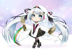 Rule 34 | 1girl, absurdres, bell, blush, chibi, commentary, folding fan, fortissimo, full body, geta, grey eyes, grey hair, hair ornament, hair ribbon, hand fan, hatsune miku, highres, holding, holding fan, holding instrument, hood, instrument, japanese clothes, jingle bell, kagura suzu, long hair, long sleeves, looking to the side, masumofu, musical note, musical note hair ornament, open mouth, pleated skirt, ribbon, skirt, sleeves past wrists, snow, snowflakes, snowing, solo, thighhighs, twintails, very long hair, vocaloid, wide sleeves, yuki miku, yuki miku (2018)