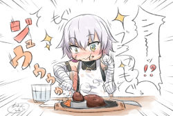 Rule 34 | 1girl, :t, ^^^, afterimage, apron, bandaged arm, bandaged hand, bandages, bare shoulders, black shirt, blush, closed mouth, cup, drinking glass, emphasis lines, facial scar, fate/apocrypha, fate (series), food, food on face, fork, hair between eyes, highres, holding, holding fork, jack the ripper (fate/apocrypha), knife, neon-tetora, nose blush, scar, scar across eye, scar on cheek, scar on face, shirt, signature, silver hair, simple background, sleeveless, sleeveless shirt, solo, sparkle, table, translation request, water, wavy mouth, white apron, white background