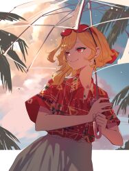 Rule 34 | 1girl, absurdres, alternate costume, blonde hair, blue sky, earrings, eyewear on head, futomoy, highres, holding, holding umbrella, hololive, hololive indonesia, jewelry, kaela kovalskia, looking at viewer, medium hair, outdoors, palm tree, red-tinted eyewear, red eyes, see-through, sky, smile, solo, sunglasses, tinted eyewear, tree, umbrella, virtual youtuber
