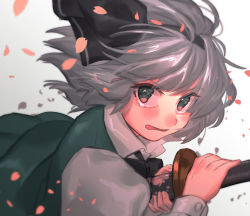 Rule 34 | 1girl, black bow, blush, bow, brown eyes, cherry blossoms, fighting stance, grey hair, hair bow, highres, holding, holding sword, holding weapon, konpaku youmu, long sleeves, looking at viewer, masanaga (tsukasa), open mouth, portrait, ready to draw, sheath, short hair, solo, sword, tears, touhou, unsheathing, weapon