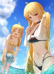 Rule 34 | 2girls, absurdres, ball, bare arms, bare legs, bare shoulders, beachball, bikini, black bikini, blonde hair, blush, bocchi the rock!, breasts, bureoeve, cleavage, closed eyes, day, eating, facing viewer, food, highres, holding, holding ball, holding beachball, holding food, ijichi nijika, ijichi seika, large breasts, long hair, looking at viewer, multiple girls, ocean, open mouth, outdoors, popsicle, red eyes, sarong, siblings, side ponytail, sisters, smile, swimsuit, yellow bikini, yellow sarong