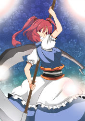 Rule 34 | 1girl, bad id, bad pixiv id, blue dress, dress, female focus, hair bobbles, hair ornament, holding, holding weapon, looking at viewer, obi, onozuka komachi, puffy short sleeves, puffy sleeves, red eyes, red hair, sash, scythe, short sleeves, solo, soto miyako, touhou, twintails, two side up, weapon
