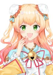 Rule 34 | 1girl, :d, absurdres, bell, blonde hair, blue capelet, blush, brown hair, bun cover, capelet, commentary request, double bun, fang, flower, frilled sleeves, frills, fujimori michiru, gradient hair, hair flower, hair ornament, hand to own mouth, hand up, highres, hololive, jingle bell, long sleeves, momosuzu nene, multicolored hair, neck ribbon, open mouth, red ribbon, ribbon, simple background, smile, solo, two side up, upper body, virtual youtuber, white background, white flower, wide sleeves