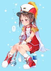 Rule 34 | 1girl, blue background, blush, boots, bottle, brand name imitation, brown eyes, brown hair, capelet, closed mouth, commentary request, epaulettes, full body, gloves, gomennasai, hat, highres, holding, knees together feet apart, looking away, original, pleated skirt, pocari sweat, red footwear, red hat, red shirt, red skirt, shako cap, shirt, sitting, skirt, sleeveless, sleeveless shirt, socks, solo, sweat, translation request, water bottle, wavy mouth, white capelet, white gloves, white socks